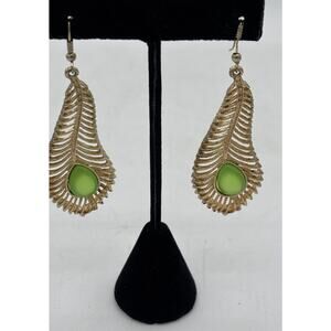 Gold Tone Dangle Earrings With Lime Green Stone VTG 2”
